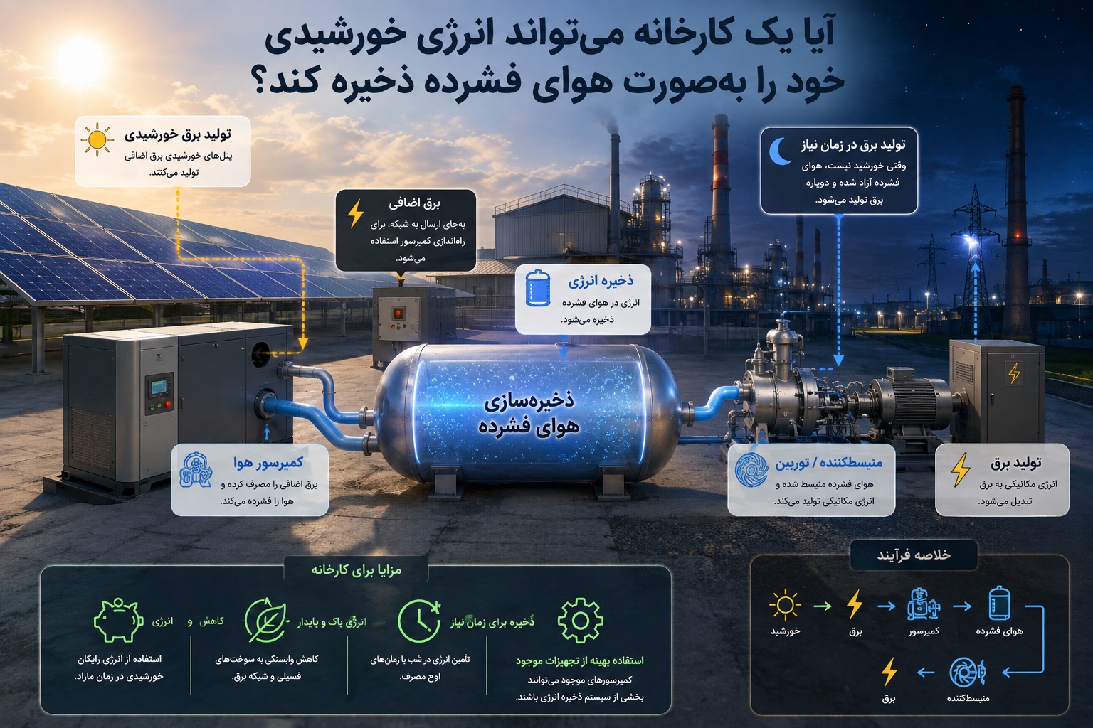 ذخیره سازی و ریکاوری انرژی خورشیدی با کمک هوای فشرده و کمپرسور