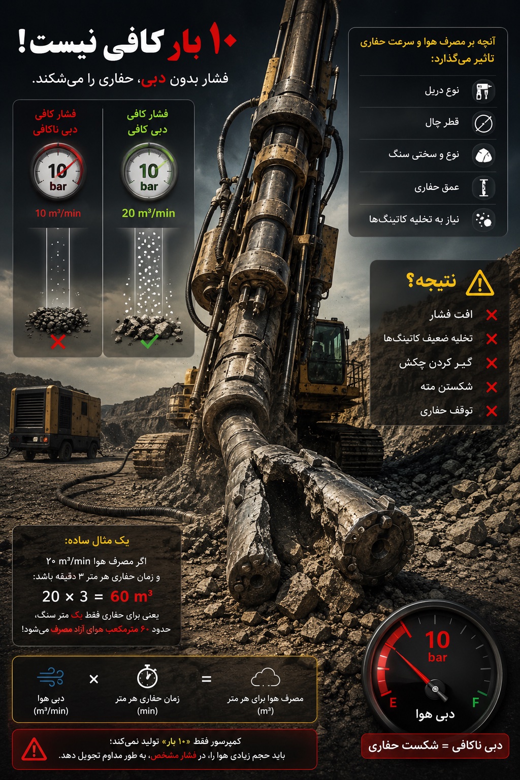 حفاری به هوا و دبی کافی نیاز دارد.